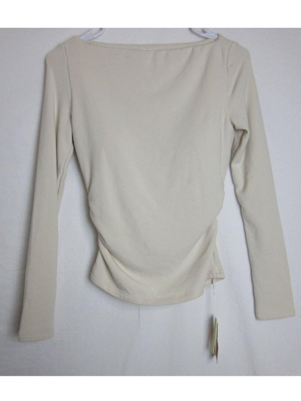 OGL Shirt Eco-Mousse Beige Long Sleeve Ruched Top Built-In Bra Small Wide Neck
